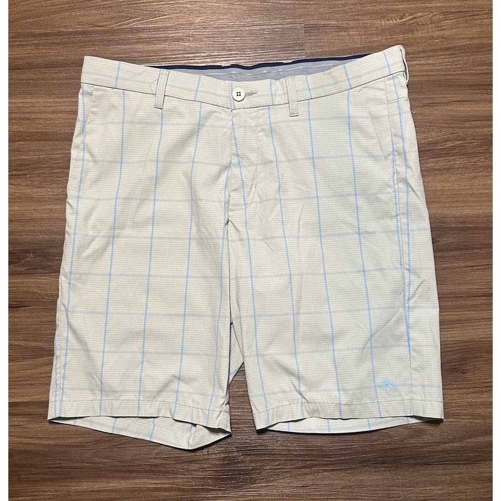 Tommy Bahama Island Zone Continental Check Performance Shorts Beige/Blue Sz 34